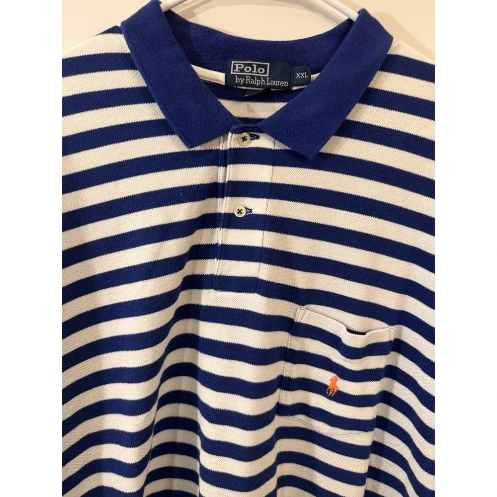 VTG Polo Ralph Lauren Mens Blue White Stripe 2XL Pony Pocket Preppy‎ Casual